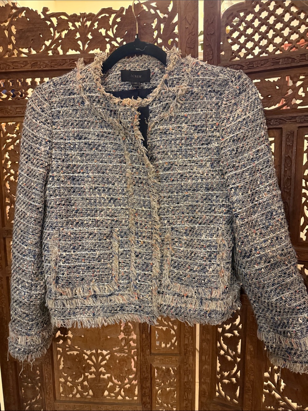 J. Crew Multicolor Bouclé Fringe Collarless Jacket